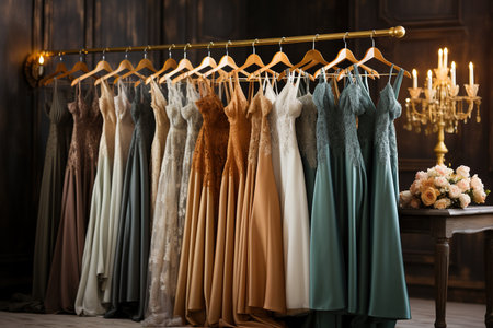 a wedding dress is on hangers with different dresses at the store, in the style of light teal and dark gold, subversive appropriation, light purple and brown, innovating techniquesの素材