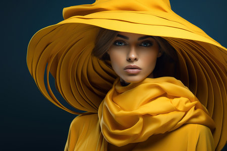 large Indian Yellow hat with an eye-catching large brim, a modern fashion design modelの素材