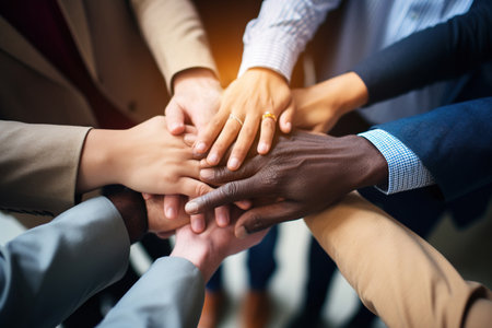 Diverse business team putting their hands together in a huddle of support and motivationの素材