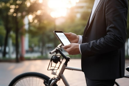 business man holding smartphone using bike rental digital phone app scanning qr code to rent electric bicycle in cityの素材