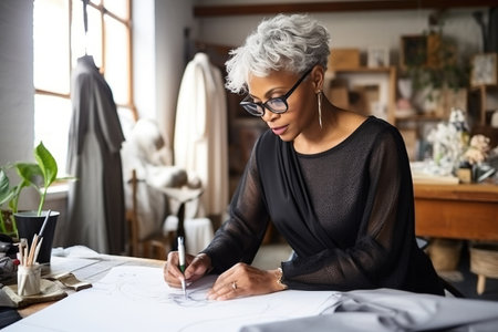 Middle aged stylish black American woman fashion designer drawing sketches in studio. Mature old adult elegant gray-haired lady dressmaker small business owner creating new fashion design cloth in atelierの素材
