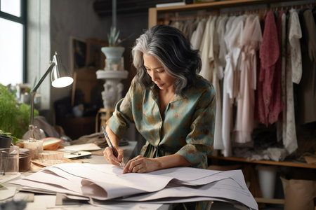 Middle aged stylish Asian woman fashion designer drawing sketches in studio. Mature old adult elegant gray-haired lady dressmaker small business owner creating new fashion design cloth in atelierの素材