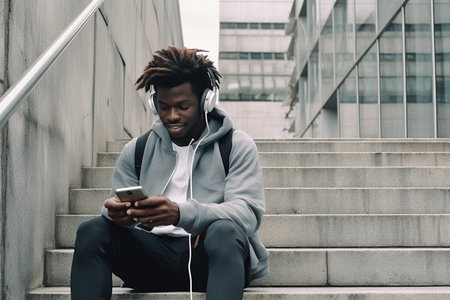 Fit sporty young black man sitting on concrete urban stairs holding phone using mobile apps listening music. Strong African ethnic guy wearing headphones looking at smartphone outdoors. top viewの素材
