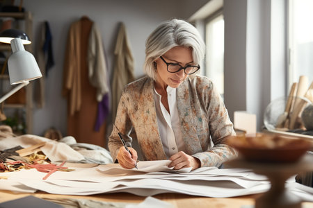 Middle aged stylish woman fashion designer drawing sketches in studio. Mature old adult elegant gray-haired lady dressmaker small business owner creating new fashion design cloth in atelierの素材