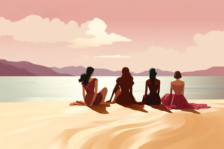Four happy women on the beach in the style of bold curvesの素材