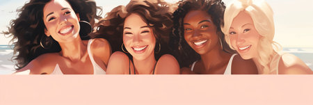 Four happy women on the beach in the style of bold curvesの素材