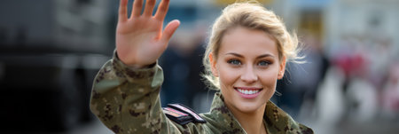 Happy servicewoman waving her hand on her homecomingの素材
