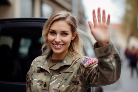 Happy servicewoman waving her hand on her homecomingの素材