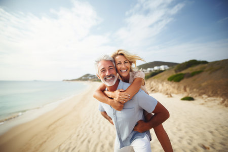 gorgeous mid age Couple enjoys a piggyback ride at the beach in summerの素材