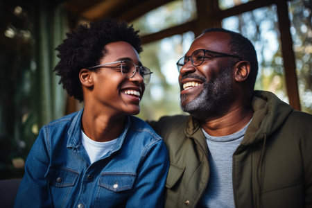 Happy African Black father having fun with teen boy at home.の素材