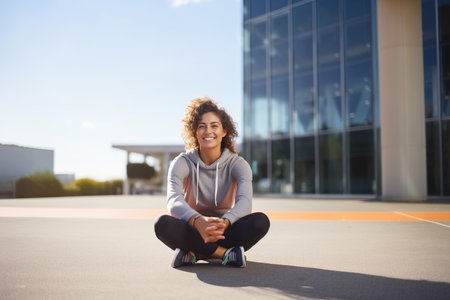 Portrait of a happy sports woman sitting outdoorsの素材