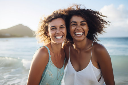 happy female friends standing on beach waterの素材