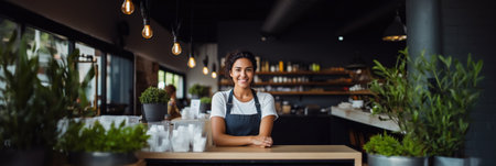 Successful small business owner smiling happilyの素材