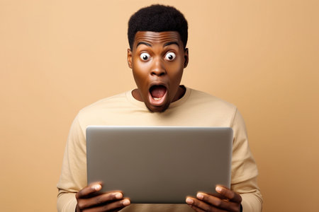 Surprised African teen guy holding laptop pointing at computer advertising wow offer. Amazed ethnic teenager student boy using pc feeling shocked isolated on beige backgroundの素材