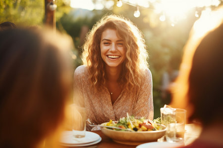 Woman enjoying with friends at outdoor dinner partyの素材