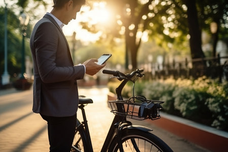 Latin business man holding smartphone using bike rentalの素材