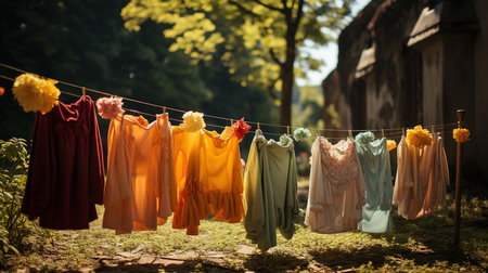After being washed, children's colorful clothing dries on a clothesline in the yard outside in the sunlightの素材