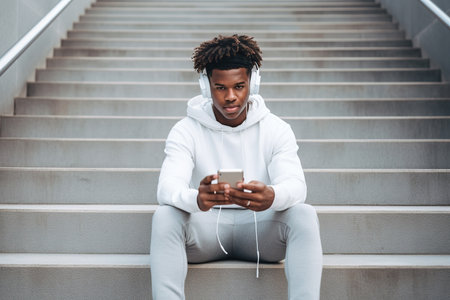 Fit sporty young black man sitting on concrete urban stairs holding phone using mobile apps listening music. Strong African ethnic guy wearing headphones looking at smartphone outdoors. top viewの素材
