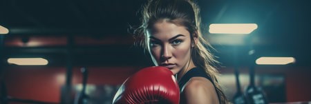 Female boxer punching focus pads in a boxing ringの素材