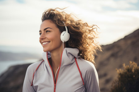 Caucasian sports woman listening to music on headphones outdoorsの素材