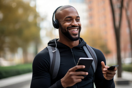 Happy fit sporty young black man sitting in workout parkの素材