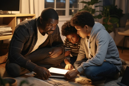Caring Black dad hugging teenage son helping schoolの素材