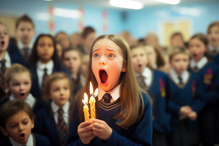 Female student blows a candle on her birthday. Party celebration in primary schoolの素材
