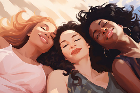 Four happy women on the beach in the style of bold curvesの素材