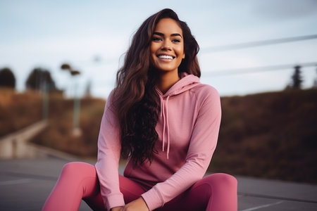 Portrait of a happy sports woman sitting outdoorsの素材