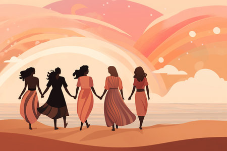 Four happy women on the beach in the style of bold curvesの素材