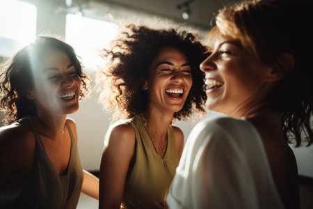 Group of female friends dancing in a studioの素材