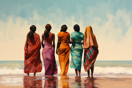 group of friendly ladies standing on the beach, in the style of bold curvesの素材