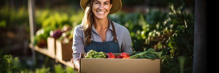 Happy female farmer holding a box with fresh produceの素材