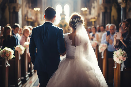 Wedding Couple in Love Back View walking down in Church. Newly Wedded Bride Groom in Window Door Light. Wedding Day Ceremonyの素材