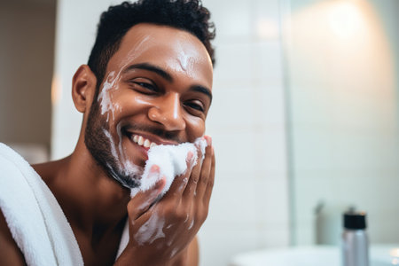 Self-care and grooming young man applying face washの素材