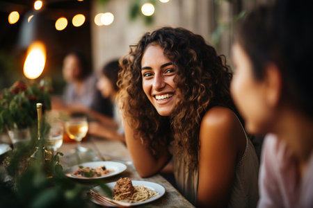 Woman enjoying with friends at outdoor dinner partyの素材