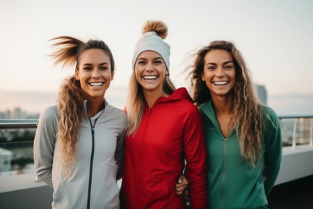 Living a fitness lifestyle Happy female athletes wearingの素材