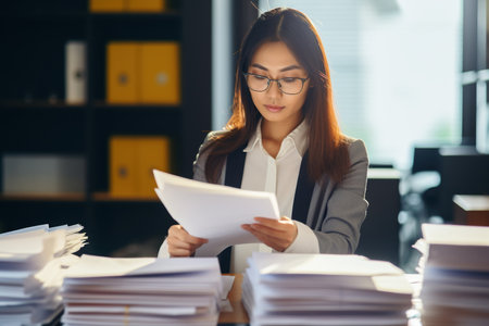 Young busy Asian business woman lawyer, tax accountant manager holding paper documents checking bills, doing sales invoice accounting, reading legal contract or bank statement sitting at desk in officeの素材