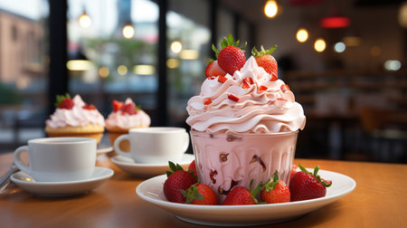 Strawberry cream cupcakes in a gorgeous cafe a food photoの素材