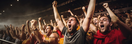 Crowd of sports fans cheering during a match in a stadium - people excited cheering for their favorite sports team to win the gameの素材