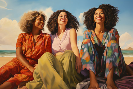 four women pose in a beach, in the style of bold curves, low-angle, joyful and optimistic, multicultural, close upの素材