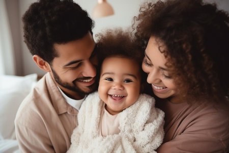 Multiracial diverse young family couple playing with cute baby child in bed holding infant kid girl. Happy multiethnic parents having fun in the morning lifting small daughter in bedroom at homeの素材