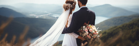 Newly Wedded Bride Groom in mountains. Wedding Day Ceremonyの素材