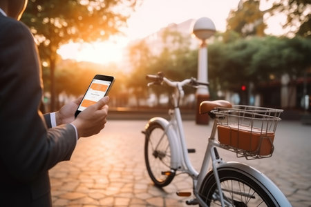 business man holding smartphone using bike rental digital phone app scanning qr code to rent electric bicycle in cityの素材