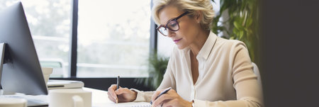 Mature businesswoman writing in her diary in an officeの素材