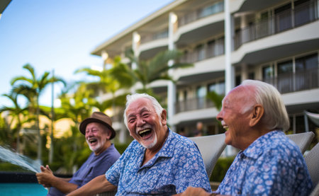 Group of senior citizens laughing happily by the poolsideの素材