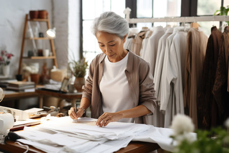 Middle aged stylish Asian woman fashion designer drawing sketches in studio. Mature old adult elegant gray-haired lady dressmaker small business owner creating new fashion design cloth in atelierの素材