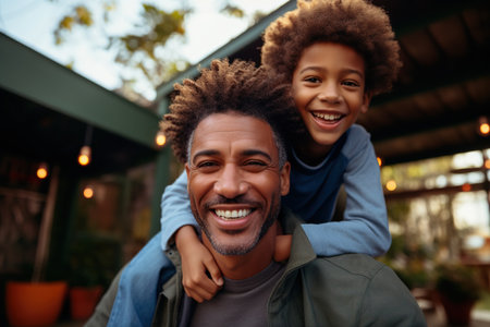 Happy African Black father having fun with teen boy at home.の素材