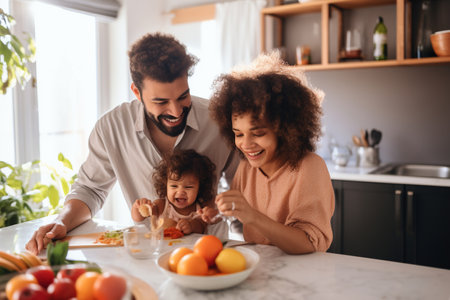Happy diverse multiethnic family spending time in the kitchenの素材
