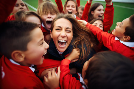 School kids celebrating with their coach on a sports fieldの素材